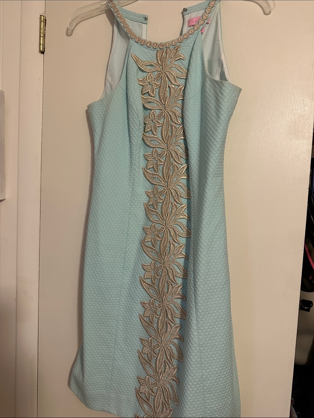 Lilly Pulitzer Light Blue Sleeveless Dress with Gold Floral Embroidery
